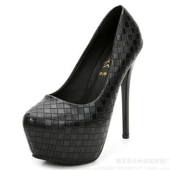 14CM İnce Yüksek topuk Kadın Ayakkabı Pompaları PU Yuvarlak Ayak Üzerinde Kayma su geçirmez Klasikleri moda Elbise Parti Düğün kadın ayakkabı Siyah
