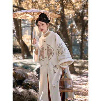 2 Renk Orijinal 3 ADET Çin Hanfu Elbise Seti Kadın Kış Zarif Standı Yaka Gömlek Uzun Elbise Ceket Klasik At Yüz Etek