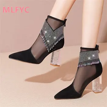 2022 sonbahar yeni kalın topuk taklidi oyulmuş yükseltilmiş kristal yüksek topuklu çizmeler moda kısa çizmeler ince serin çizmeler kadın