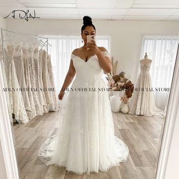 2022 Zarif düğün elbisesi Artı Boyutu A-Line Kapalı Omuz Dantel Aplikler Tül Sweep Tren gelin kıyafeti Custom Made