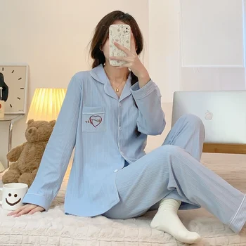 2023 Bahar uzun kollu elbise %100 % Pamuk Pijama Setleri Kadınlar için Kore Gevşek Pijama Takım Gecelik Pijama Pijama Mujer Ev Giysileri