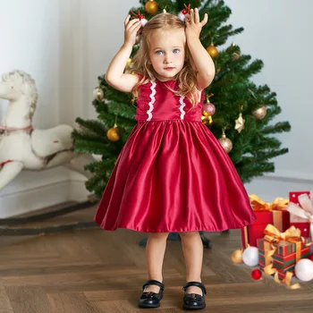 2023 Bebek Kap Kollu İlk doğum günü partisi elbisesi İlmek ile çocuk Noel Kırmızı Düğün Prenses Önlük