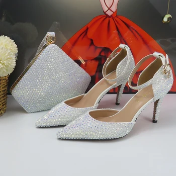 2023 Yeni varış Beyaz Bling Kristal Kadın düğün ayakkabı ve eşleşen çanta Yüksek Pompalar moda Sivri Burun ayakkabı ve Çanta Kadın