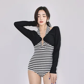 2023Wisuwore kadın Tek Parça Mayo Uzun Kollu Asya Muhafazakar Kapakları Göbek ve Gösterir İnce Düz Siyah Beachwear