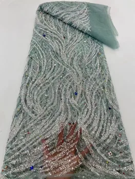 (5 yards / pc) yüksek kaliteli rhinestones sabit Afrika tül boncuklu dantel sequins işlemeli fransız file dantel elbise için FYY144
