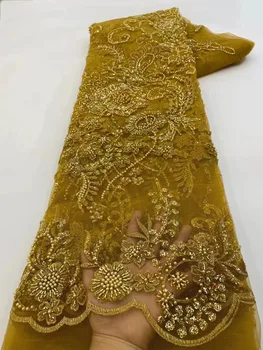 Afrika Damat Sequins Dantel Kumaş Yüksek Kalite 2023 altın Boncuk Nakış Fransız Tül Dantel Nijeryalı düğün elbisesi