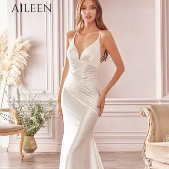 Aileen Saten Elbiseler Gala Elbise Mermaid Örgün Durum Elbise Kadınlar için Parti Düğün Akşam Seksi Backless V Yaka Beyaz Elbise