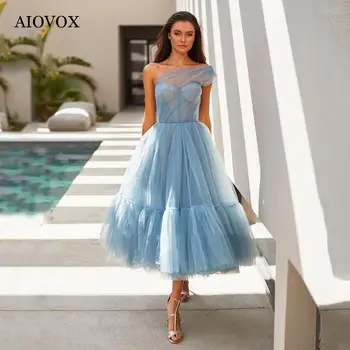 AIOVOX Basit Çay Boyu Balo Elbise Kadınlar İçin Pastrol Tül A-Line Illusion Kısa Vestidos De Gala Bir Omuz Elbiseler De Soirée