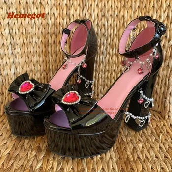 Baharat Kızlar platform sandaletler Lolita Peep Toe Kristal Zincir Ayak Bileği Kayışı Tıknaz Topuklu kadın Sandalet 2023 Yeni Parti Kulübü Ayakkabı