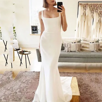 Basit 2023 Fermuar Spagetti Kayışı Leke Mermaid düğün elbisesi Kare Boyun Backless Maxi Gelin Elbise robe de soirée de mariage