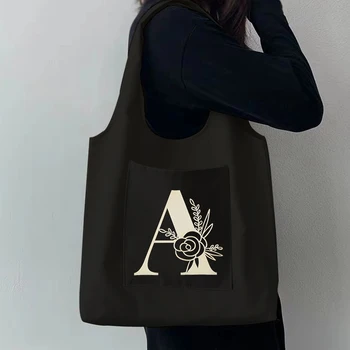 Basit Altın Harf Baskı Alışveriş Siyah Çanta Tuval Tote Çanta Baskılı Karikatür Kullanımlık Bez Çanta Çanta omuz Çantaları Özel