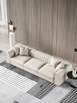 Basit modern oturma odası, boyut birimi, deri kanepe, hafif lüks, minimalist, üç kişilik düz sıra deri kanepe