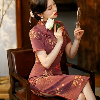Baskı Çiçek Çin Tarzı Qipao Vintage Düğme Cheongsam Seksi Ince Retro Vestidos Büyük Boy 3XL-5XL Mizaç Elbise