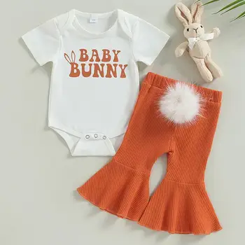 Bebek Kız Mektup Kısa Kollu Bodysuit Çan Pantolon Toddler Romper Bebek Giysileri Moda Kıyafetler Paskalya Takım Elbise Yaz Rahat M9A3