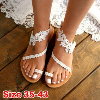 Beyaz dantel kadın düz sandalet plaj ayakkabı kadın artı boyutu yaz moda Ayakkabı düğün Ayakkabı