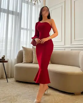 Booma Kırmızı Mermaid Abiye Bir Omuz Uzun Kollu Balo Parti Törenlerinde Ayak Bileği Uzunluk Örgün Durum Elbise Dubai Kıyafetler