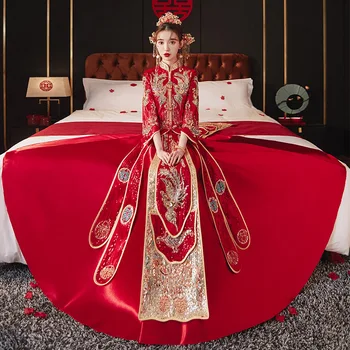 Bordo Zarif Sequins Phoenix Nakış Gelin düğün elbisesi Zarif Mandarin Yaka Çin Kadın Erkek Evlilik Cheongsam