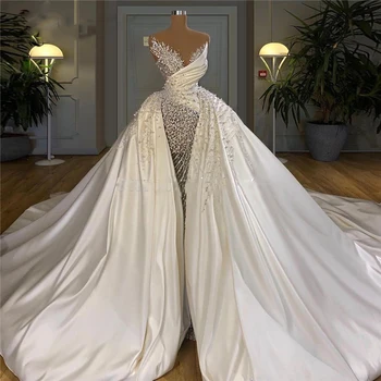 Büyük İnciler Uzun düğün elbisesi Lüks Gelinlikler Moda V Yaka Straplez Özel Elbisesi Zarif Çıkarılabilir Etek gelinlik