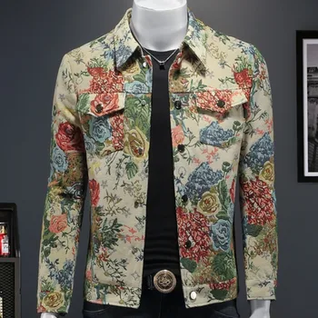 Ceket Erkekler Sonbahar Kore Eğlence Moda Ceket 2023 Streetwear Vintage Çiçek Baskı Desen Ceket Erkek Ceket Jaqueta Masculino