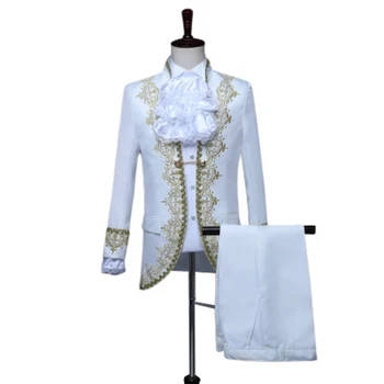 (Ceket+Pantolon)Vintage Erkekler Gala Kıyafet Takım Elbise Blazer Beyefendi Askeri Üniforma Noel Sahne Gösterisi Prens Saray Tarzı Kostüm