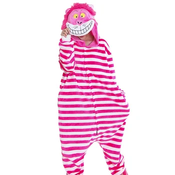 Cheshire Kedi Kigurumis Onesie Komik Pembe Çizgili Takım Elbise Kadın Kız Yetişkin Pijama Karikatür Hayvan Karakter Pijama Kış Kıyafeti