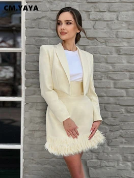 CM.YAYA Zarif Kadın Uzun Kollu Açık Dikiş Çentikli Boyun Blazer ve Tüylü Midi Etek Takım Elbise INS Şık İki 2 Parça Set Kıyafetler