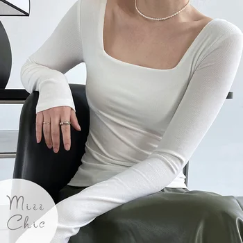 Düz Renk Kazak Uzun Kollu T-shirt Kadınlar için Kare Yaka Sıska Temel Tee Bayanlar Casual Streetwear En 2023 Kore Kumaş