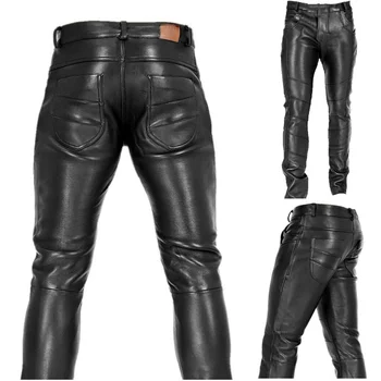 Erkek Goth Steampunk Pu Deri Pantolon Siyah Motosiklet Rock Roll İnce Legging Pantolon Artı Boyutu