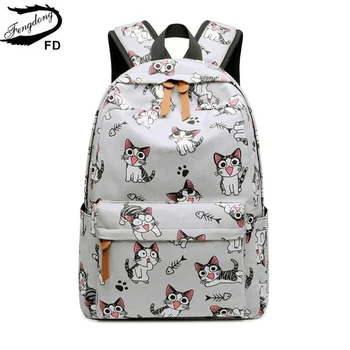 Fengdong okul çantaları genç kızlar için schoolbag çocuk sırt çantaları sevimli hayvan baskı tuval okul sırt çantası çocuklar kedi çanta paketi