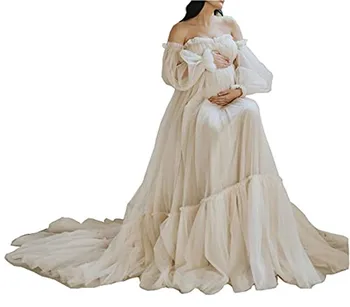 Fotoğraf Çekimi Sarar Elbise Annelik Tül Elbise Fotoğraf Çekimi için Kapalı Omuz Bayanlar Kabarık Sabahlık Bebek Duş için