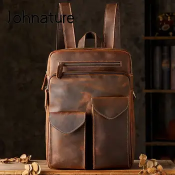 Johnature 2023 Yeni Çılgın At Deri Sırt Çantası Erkek Çantası Bağbozumu Büyük Kapasiteli Seyahat Çantaları Doğal Gerçek İnek Derisi Laptop Sırt Çantaları