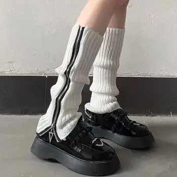Kadın Bacak ısıtıcıları Lolita Çorap Örme Uzun Diz ayak koruyucu Sıcak Düz Renk Fermuar Kazık Çizme Çorap Bayanlar Harajuku Çorap