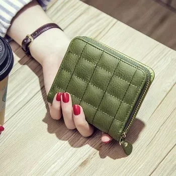 Kadın Kısa Düz Renk Cüzdan PU Deri Kadın Ekose Çantalar mini kart tutucu Moda Kadın Küçük Fermuarlı Cüzdan bozuk para cüzdanı