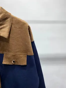 Kadın Patchwork Ceket Turn-aşağı Yaka Tek Göğüslü Cepler Uzun Kollu Sonbahar Kış Ceket