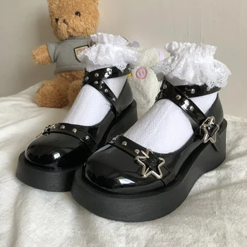 Kadın topuklu Lolita ayakkabı platformu mary jane Ayakkabı Yıldız Toka Kayış Mary Janes Kadın Çapraz bağlı Kızlar Perçin rahat ayakkabılar kawaii