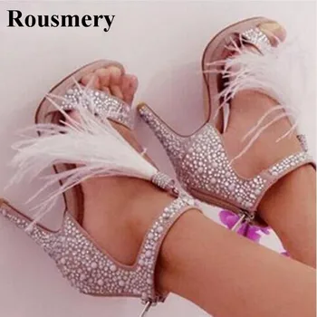 Kadınlar Büyüleyici Burnu açık Beyaz Rhinestone Ayak Bileği Wrap Püsküller yüksek topuklu sandalet Cut-out Kristal Sandalet Düğün Ayakkabı Elbise Ayakkabı