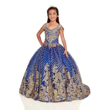 Kraliyet Mavi Mini Quinceanera Elbise Meksika Balo Aplikler Çiçek Kız Elbise Düğün Pageant Elbise Çocuklar Bebek