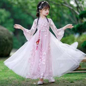 Kızlar Pembe Aplike Boncuk Nakış Hanfu Yaz Çin Tarzı Küçük Kız Retro peri elbisesi