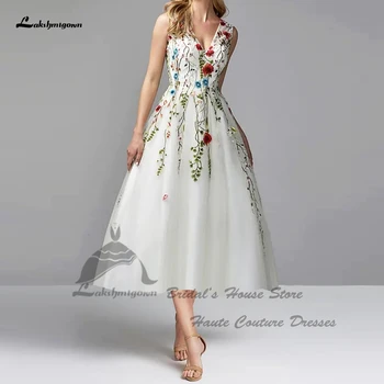 Lakshmigown Basit Çiçek Dantel kısa düğün elbisesi Yaz Plaj 2023 Vestido De Noiva Curto Gelin Boho Elbiseler Custom Made