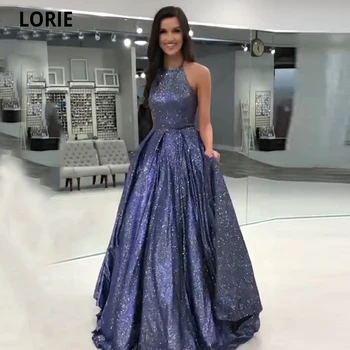 LORIE Halter Glitter balo kıyafetleri Cepler ıle Örgün Akşam Partisi Törenlerinde Uzun Aç Geri Artı Boyutu Parlak Özel durum elbise