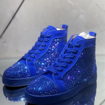 Lüks Tasarımcı Mavi Kristal Gerçek Deri Kırmızı Dipleri Yüksek Üstleri Ayakkabı Erkekler İçin Casual Flats Loafers Eğitmenler Kadınlar Parti Sneakers
