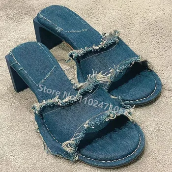 Mavi Denim Püskül Kare Topuk Terlik Moda Tasarım Peep Toe Slip-On Yüksek Topuklu Kadın 2023 Yaz Yeni plaj ayakkabısı Sandalet