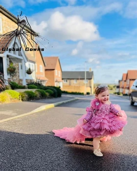 Mor Çiçek Kız Elbise Düğün İçin Çocuklar Boncuklu Parti Kızlar Pageant Elbise Katmanlı Payetli Prenses Doğum Günü Törenlerinde Fotoğraf