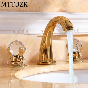 MTTUZK 3 parça Set lavabo bataryası lüks yüksek kaliteli pirinç altın kaplama kristal tutacak havza musluk 3 delik lavabo musluğu