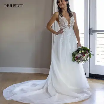 MÜKEMMEL Seksi V Yaka A-Line düğün elbisesi Spagetti Sapanlar Backless Dantel Aplikler gelinlikler Tül Custom Made Robe De Mariée
