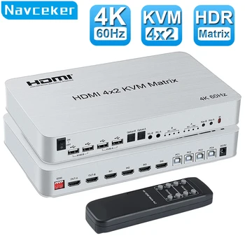 Navceker 4K 60Hz Matris HDMI KVM anahtarı 4x2 4 In 2 Out KVM Switcher Çift Monitör 4 Port KVM Anahtarı matris değiştirici HDMI USB PC