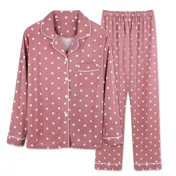 Pijama Seti Yaka Elastik Bel Pijama Seti İki Parçalı Bayan Nokta Baskı Tek Göğüslü Bluz pantolon seti Ev Giyim için Rahat