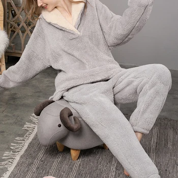 Pijama Setleri Kadın Kabarık Pijama Takım Elbise Pantolon İle Kalın Sıcak Polar Ev Giysileri