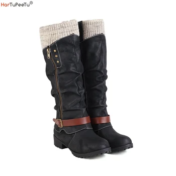 Pilili Kovboy Çorap Kadın Diz Yüksek Kış Tıknaz Düşük Topuklu Vintage binici çizmeleri 2023 Cowgirls Elastik Patchwork pu ayakkabıları