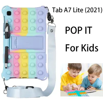 Pop İtme Kabarcık ıt silikon kılıf Samsung Galaxy Tab için A7 Lite 8.7 (2021) T220 T225 Standı Kapak İle Kayış Stylus çocuklar için